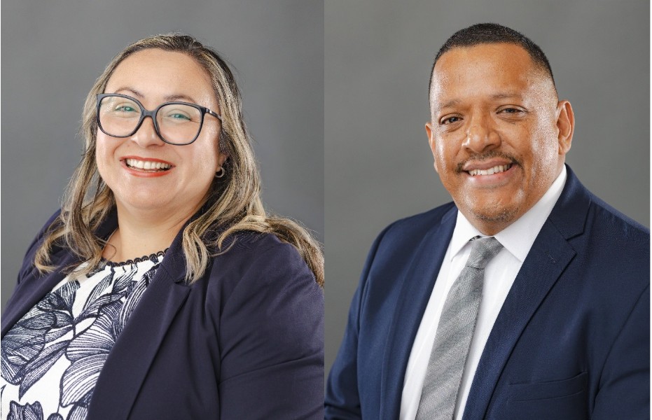 Portraits of Claudia Ortiz (left) and Luis Servin (right), new members of the Allan Hancock College Foundation Board of Directors. Both are shown in professional headshots against neutral backgrounds, smiling and dressed in business attire